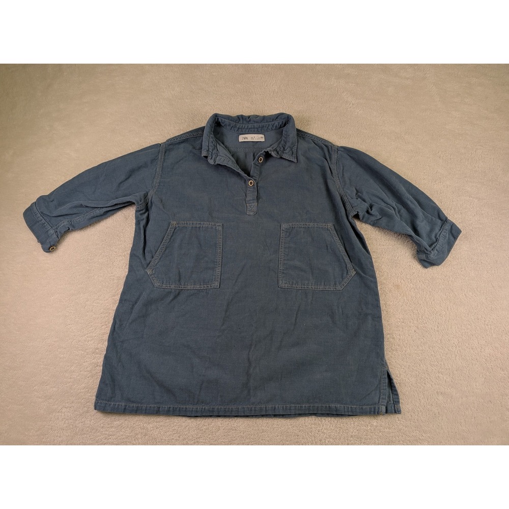 Zara Kids Blue Corduroy Tunic Top Size 7 Front Pockets Long Sleeve Pullover